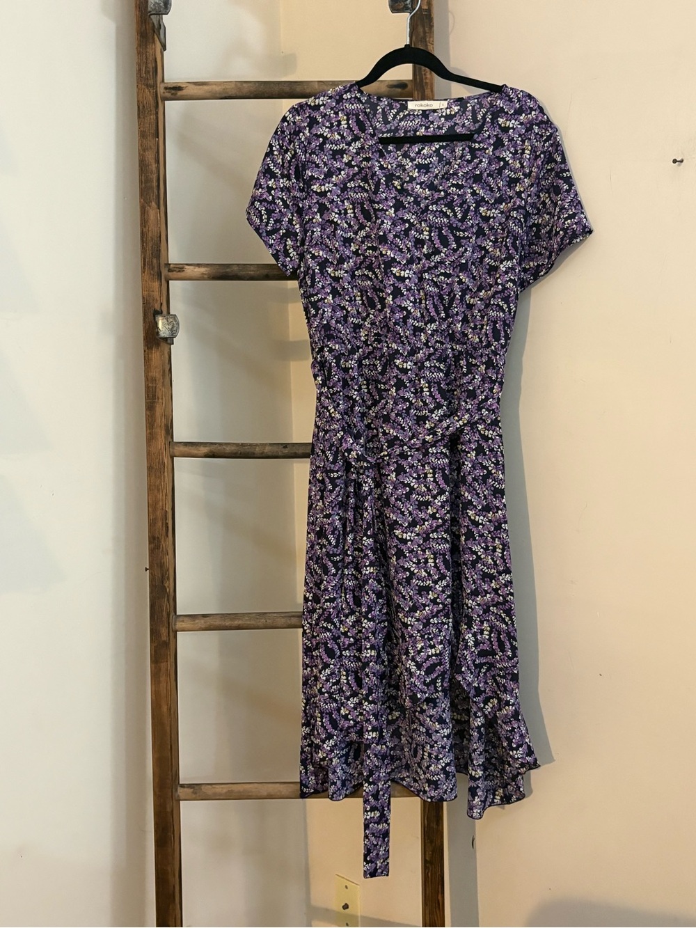 Purple Floral Midi Dress with Waist Tie - Rokoko